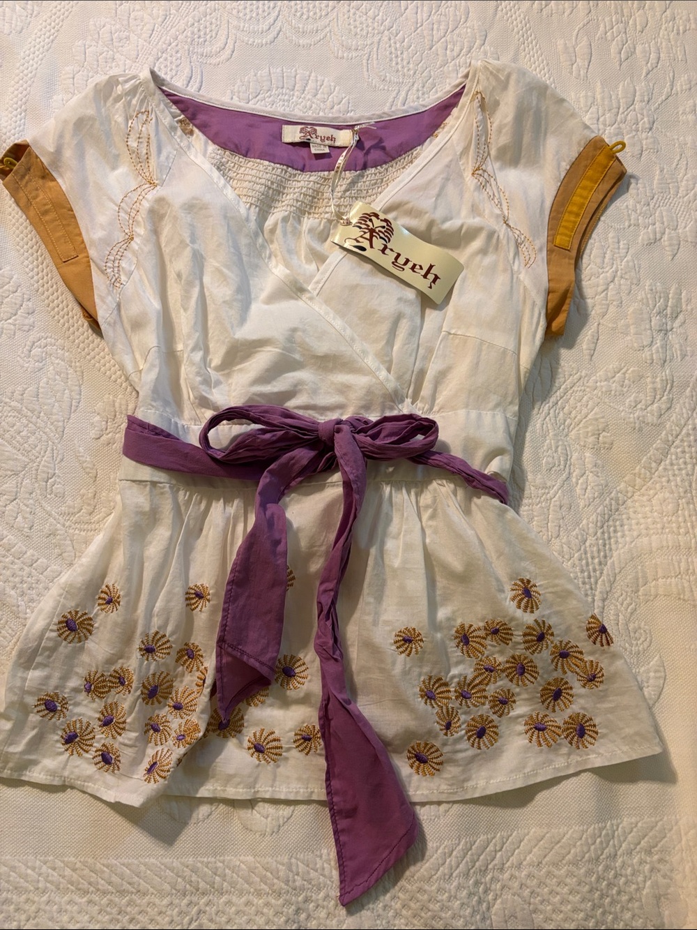 Aryeh White & Purple Embroidered Women's Wrap Top